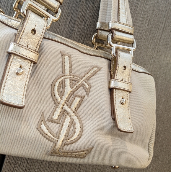 YSL: Metallic Mini Boston Kahala Canvas Leather Tote Shoulder Bag - Picture 12 of 16